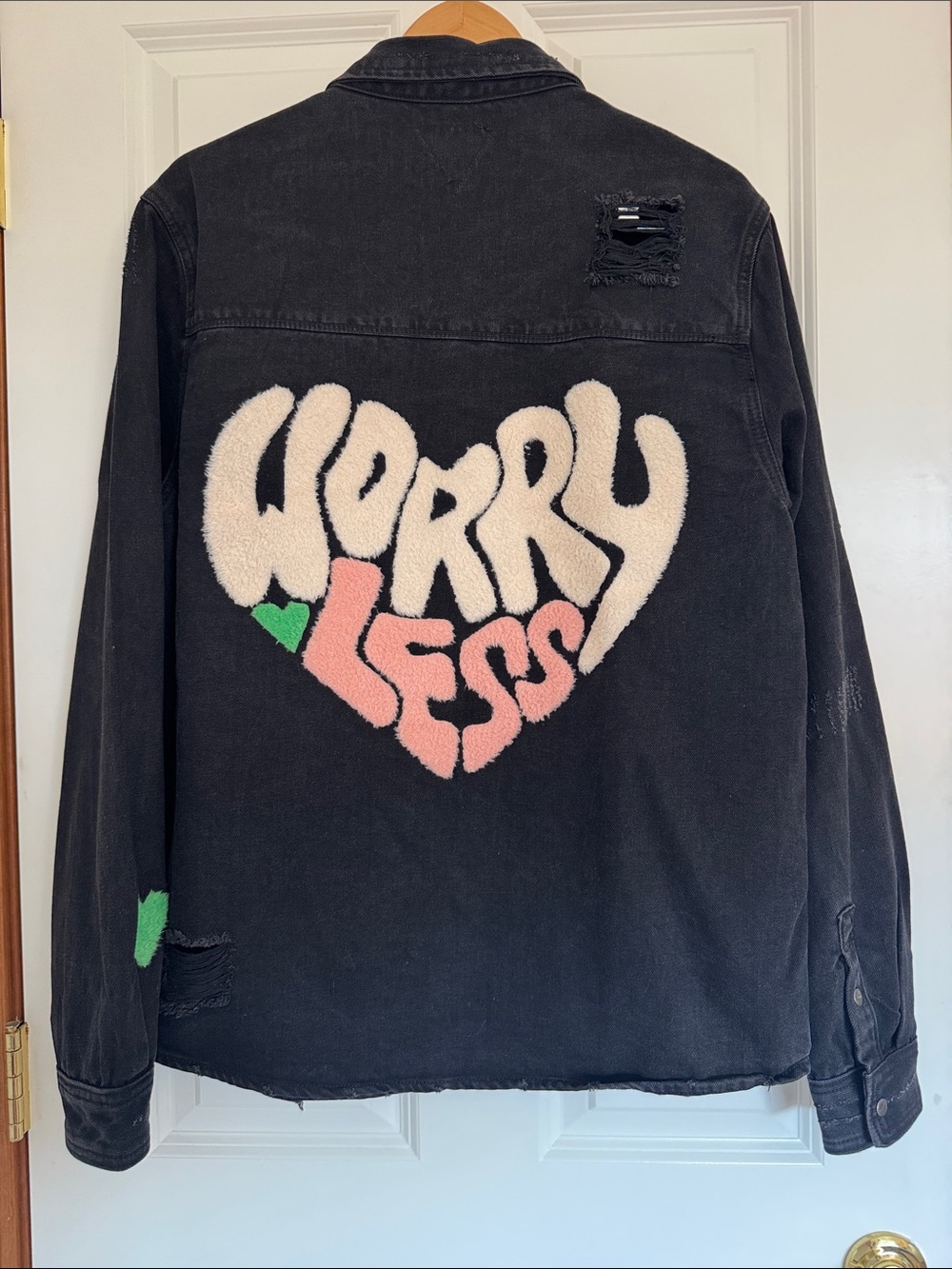 Black Denim 'Worry Less' Heart-Back Jacket